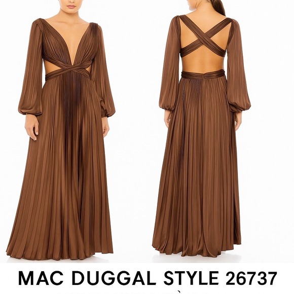 MAC DUGGAL Ieena Espresso Brown Pleated Plunge V Neck Cut Out Maxi Dress Size 6 - Picture 1 of 16